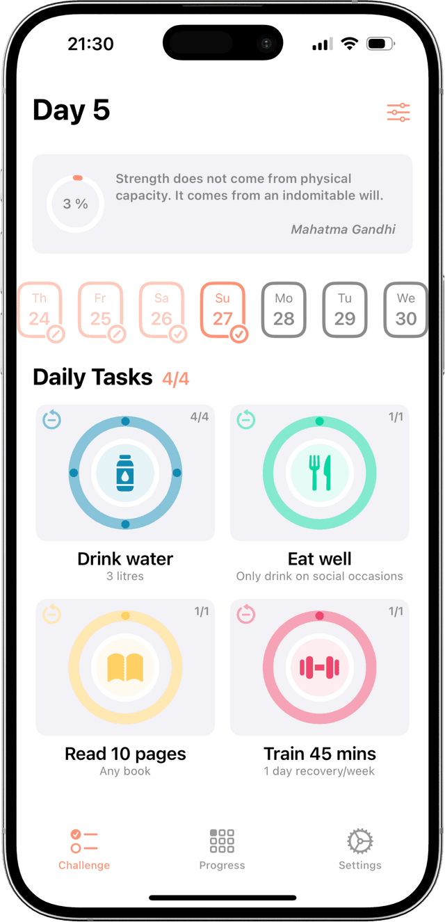 75 Soft Challenge Tracker App Screenshot - Daily Tasks