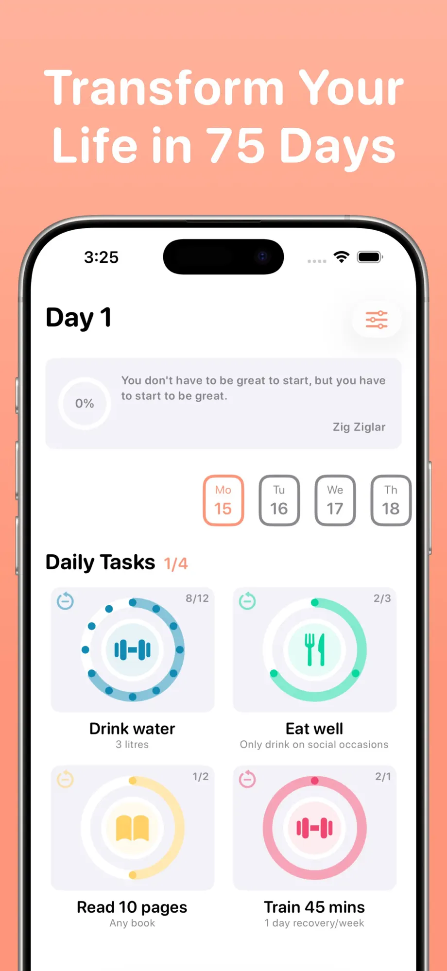 75 Soft Challenge Tracker app showing Day 1 daily tasks: drink water, eat well, read 10 pages and train 45 minutes