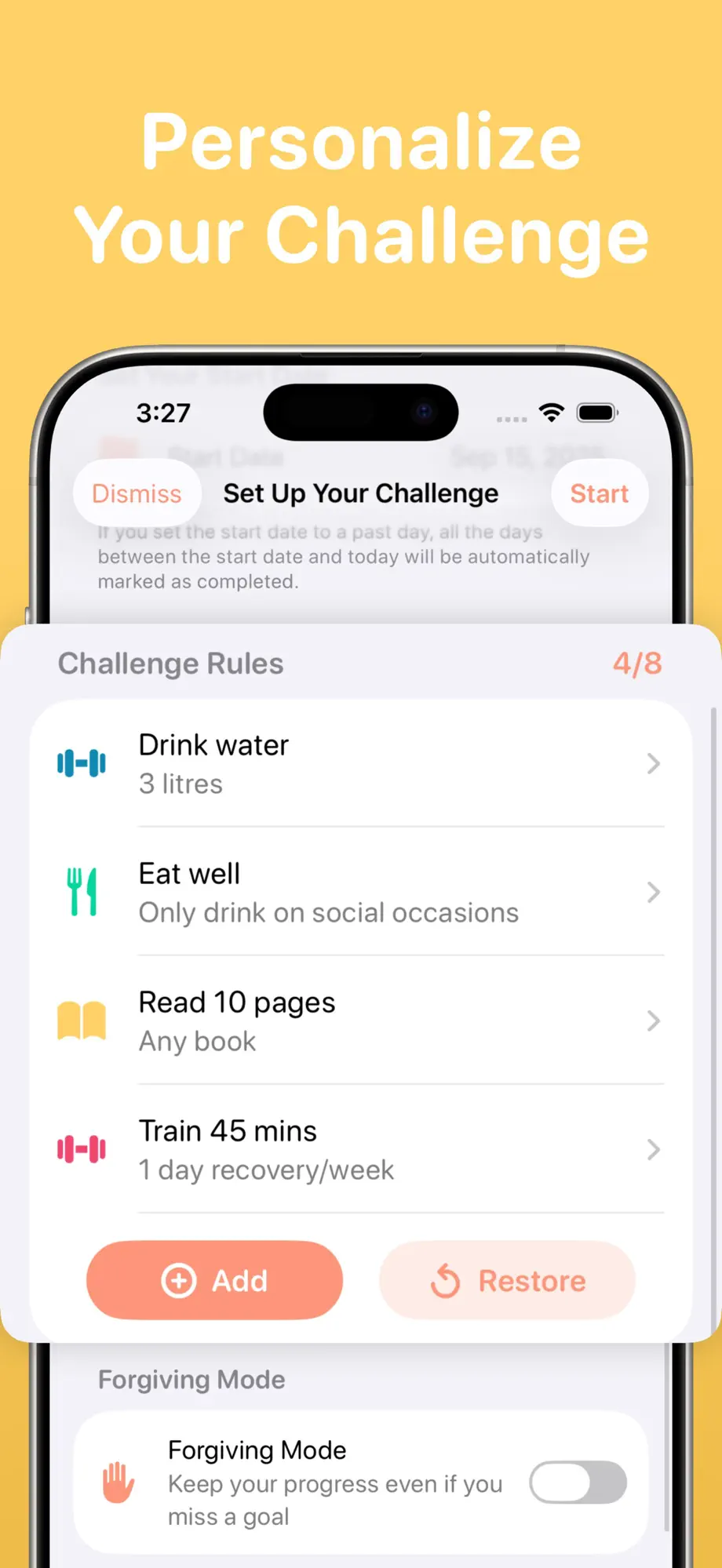 Challenge setup screen with editable 75 Soft rules and Forgiving Mode toggle