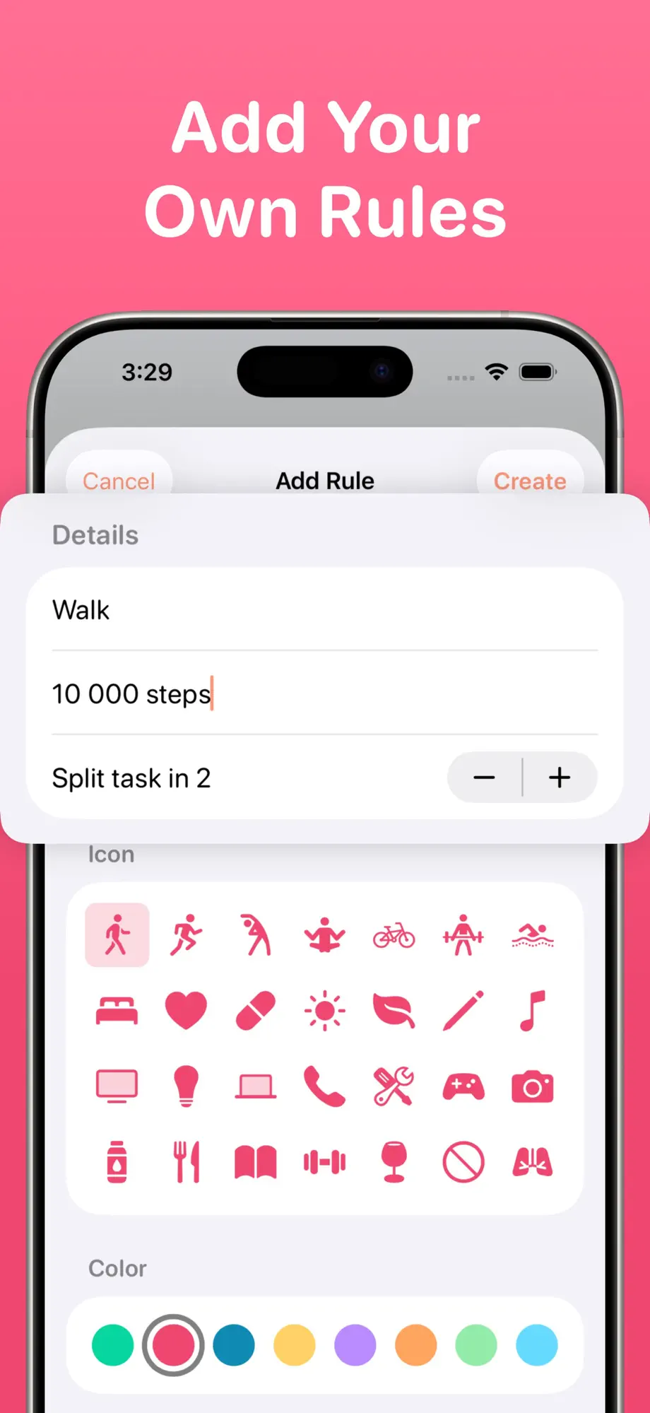Adding a custom rule (walk 10,000 steps) with icon and color picker