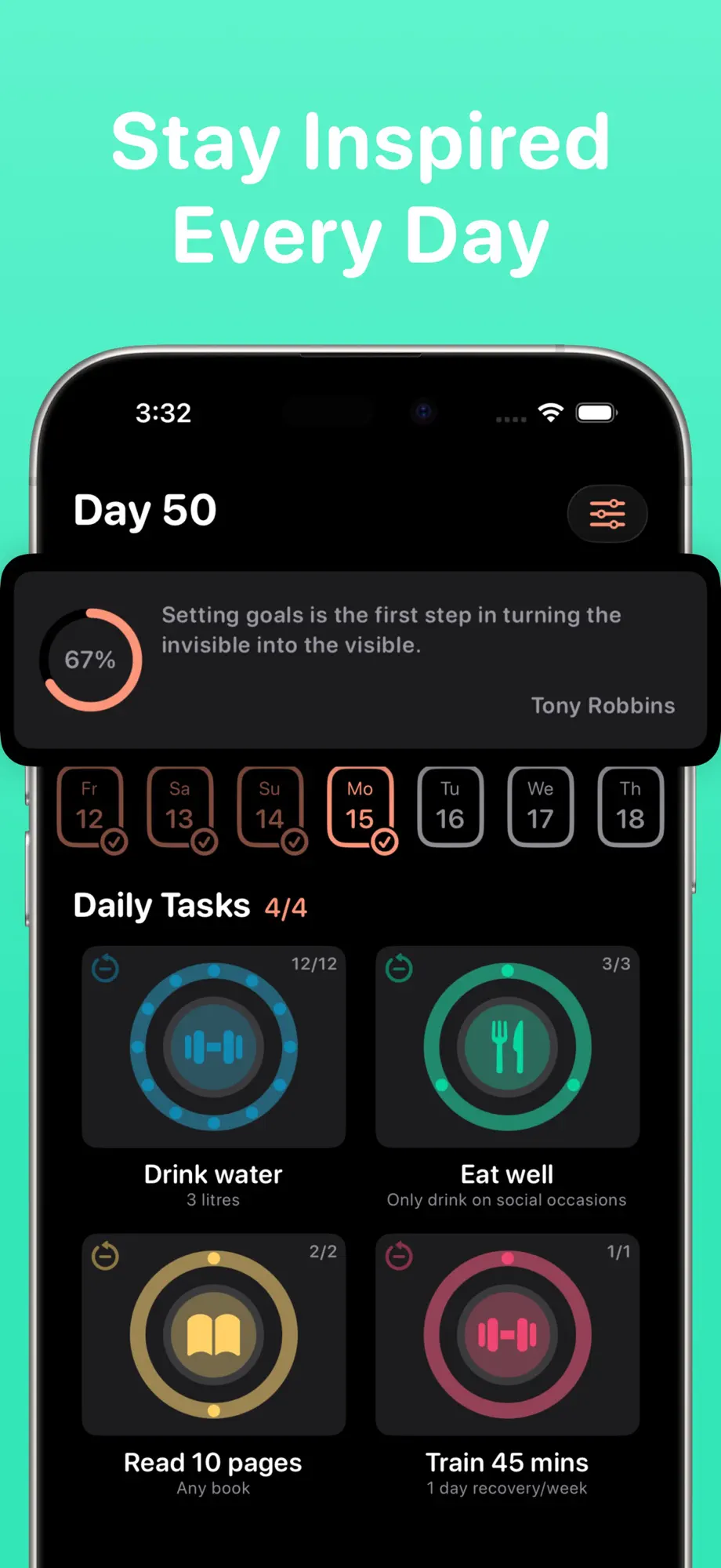 Dark mode dashboard on Day 50 with a motivational quote and completed task rings