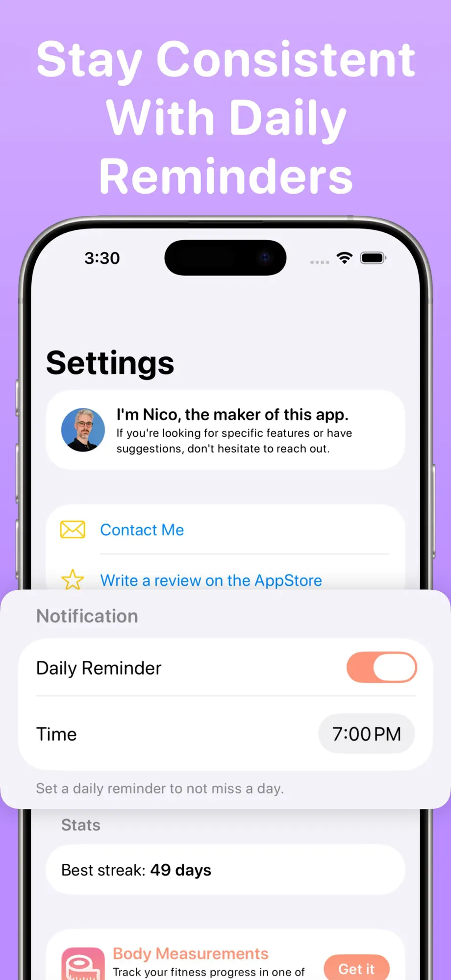 Daily reminder settings and best streak statistics in the 75 Soft app